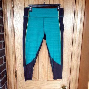Zella Live In teal/navy blue/neon yellow gym crop leggings L colorblock mesh